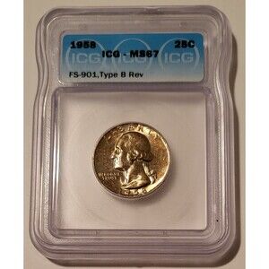 1958 Washington Quarter Type B Reverse Variety FS-901 MS67 ICG Toned